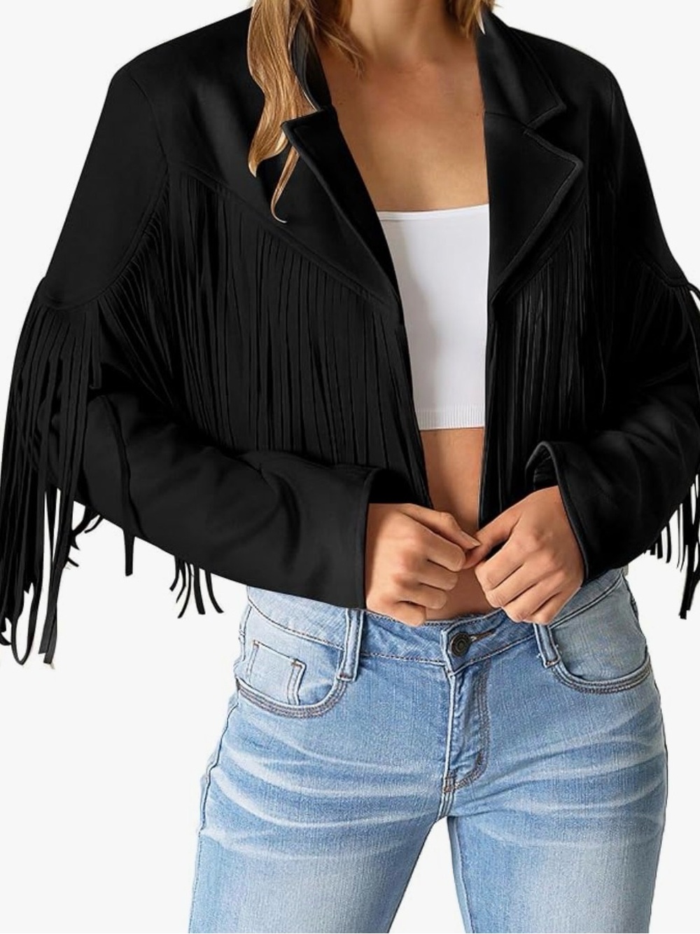 Black Fringe Cropped Jacket - Women's Stylish Outerwear